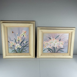 2 Vintage Oil Paintings Pastel Flower Iris Butterfly‎ Framed Signed King 12x14